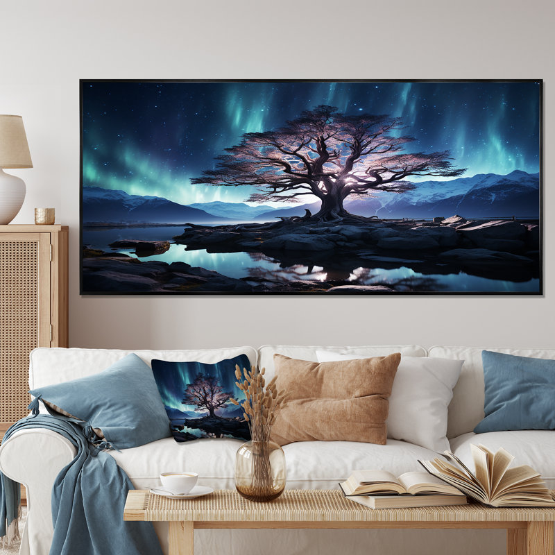 «Blue and Pink Tree In Northern Lights II», art mural arbre, Cadre flottant noir, H 16 po x l 32 po x P 1 po