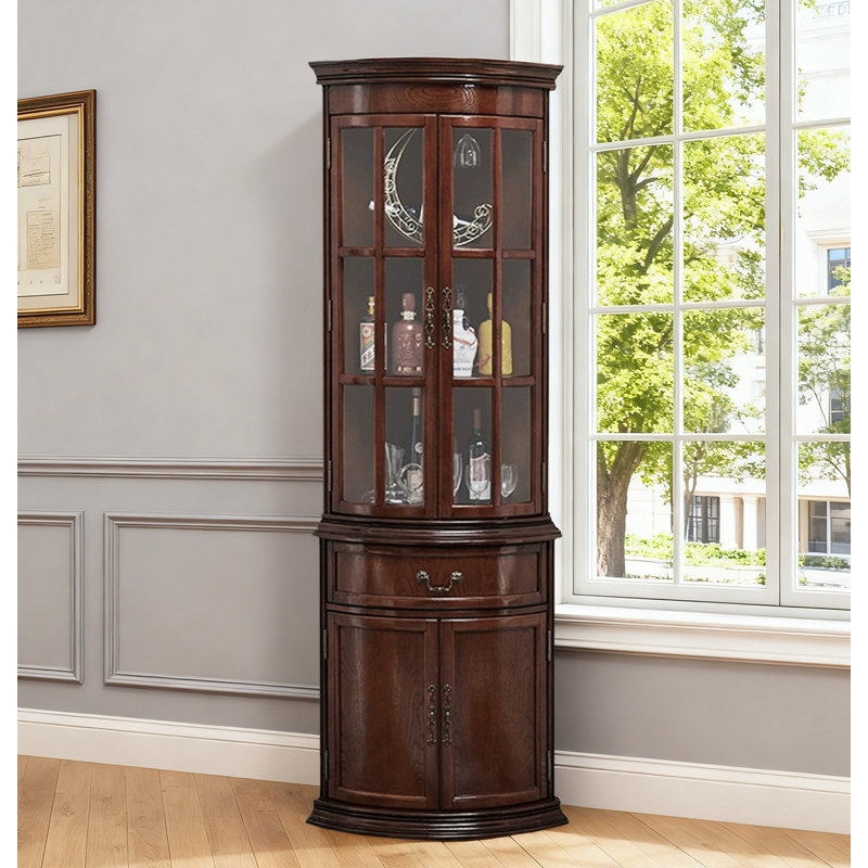 84.65" Brown Corner Solid Wood Wine Cabinets & Curio Cabinets, Brown