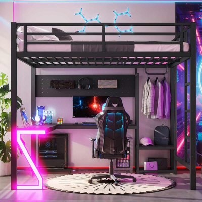 Lit mezzanine en Z à jeu RV avec bureau en L, ports de chargement USB et plateau pour PC