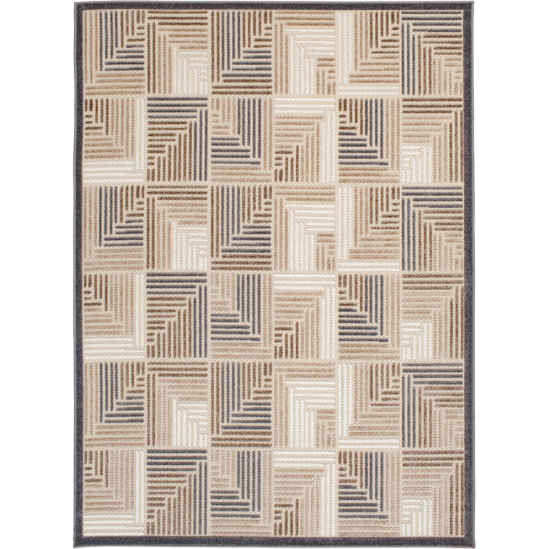 Tapis intérieur / extérieur géométrique crème / brun clair, Rectangle 5 pi x 7 pi