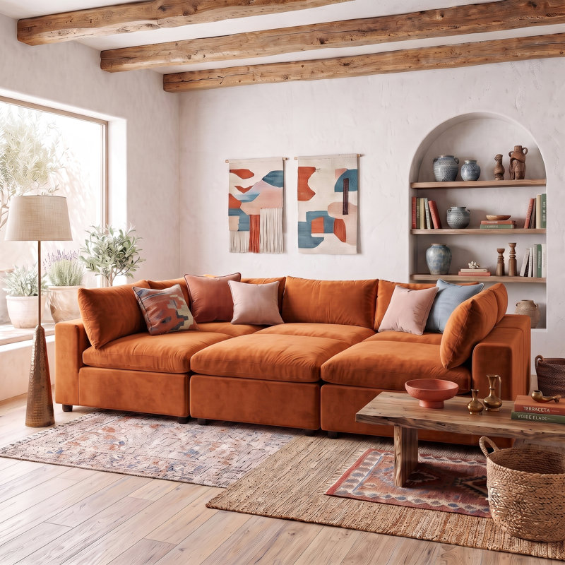 Canapé modulaire 6 pièces rembourré, Velours orange