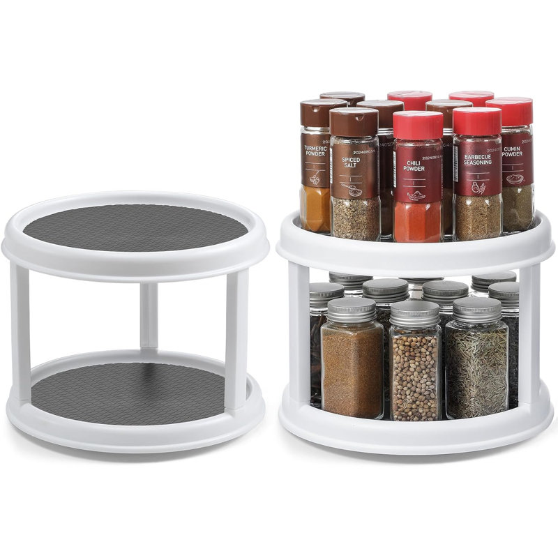 2 Pack, 2 Tier Turntable Lazy Susan Spice Organizer - Rotating Seasoning Rack Spinner For Pantry Cabinet Kitchen Countertop, Table Top Organizing - Multiuse Two Tier Rotating Organization Rack