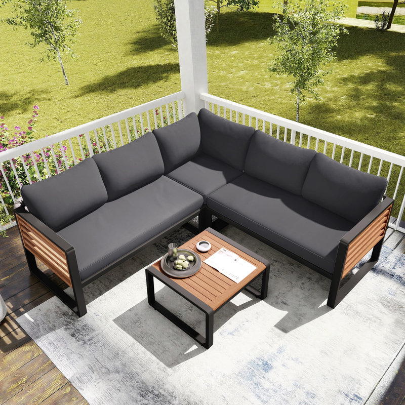 5-Person 76" L-shaped Outdoor Patio Corner Loveseat Sofa with Coffee Table and Soft Cushions, Gray