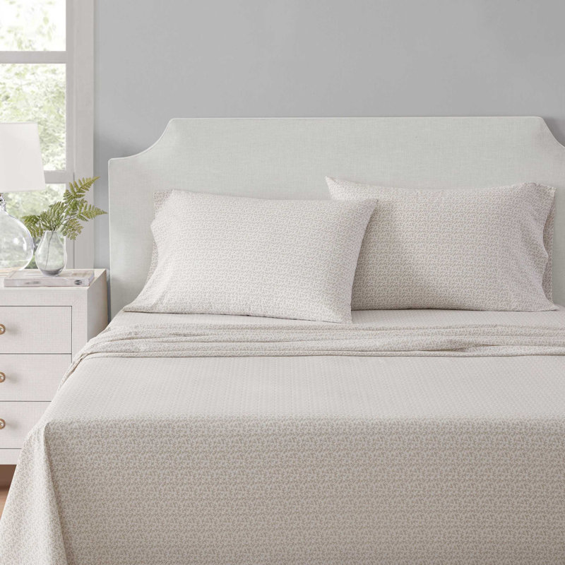 Ensemble de draps en coton percale beige Martha Stewart, Ensemble de draps pour lit double avec 2 taies d'o, Feuilles beiges