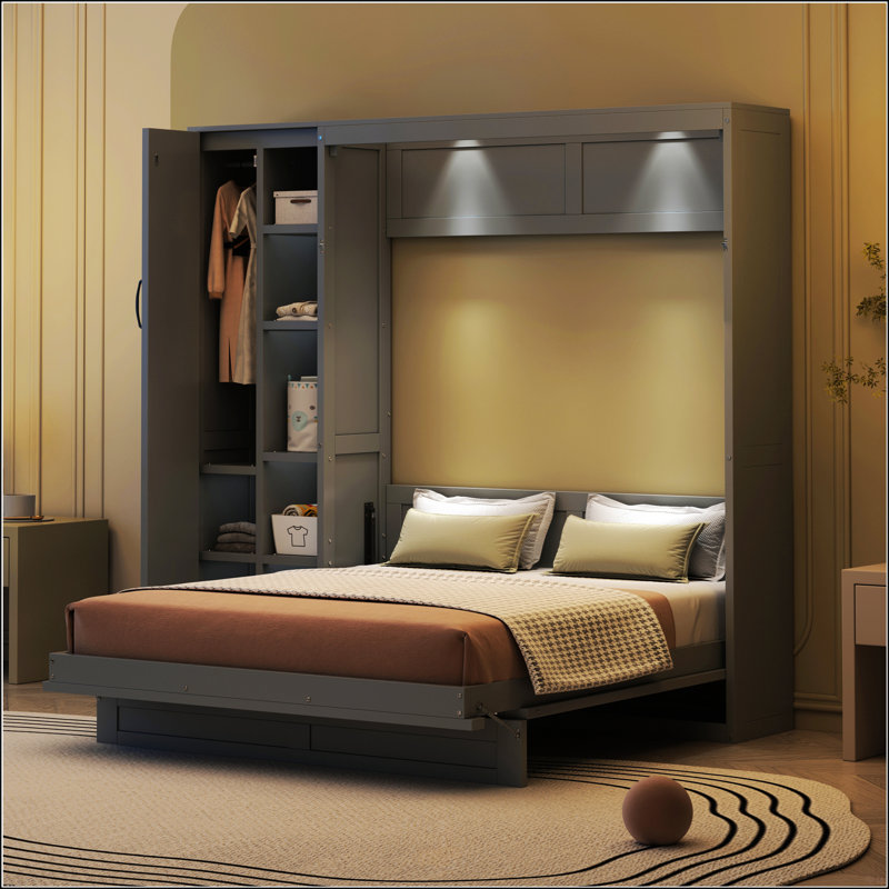 Lit escamotable double pleine grandeur avec tablettes, Double, Gris