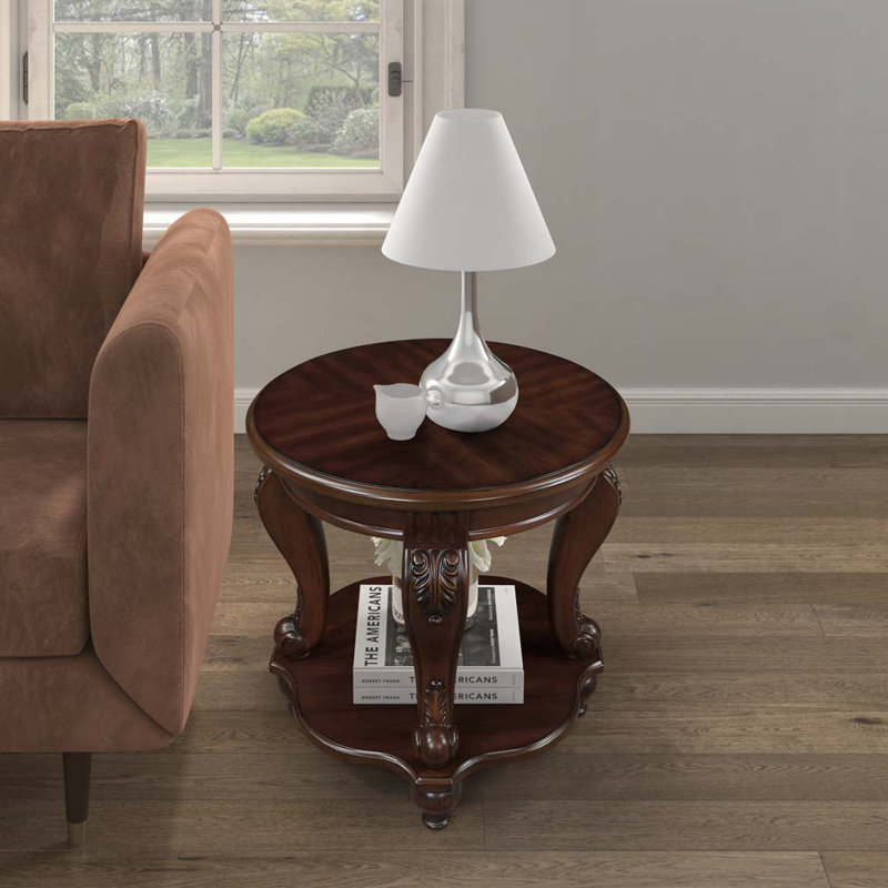 Solid Wood Round End Table with Shelf, Cherry, Cherry