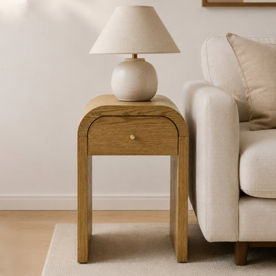 Curved Walnut Wood Side Table with 1 Drawer Nightstand Side End Table with Rounded Edge Tabletopfor Bedroom Living Room