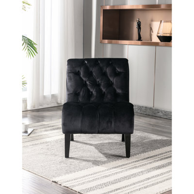 Siège d'appoint en velours noir - revêtement doux, pieds en bois d'hévéa stables pour le salon, la chambre à coucher, les boutons de chaise modernes, le coussin éponge épais, un look tendance