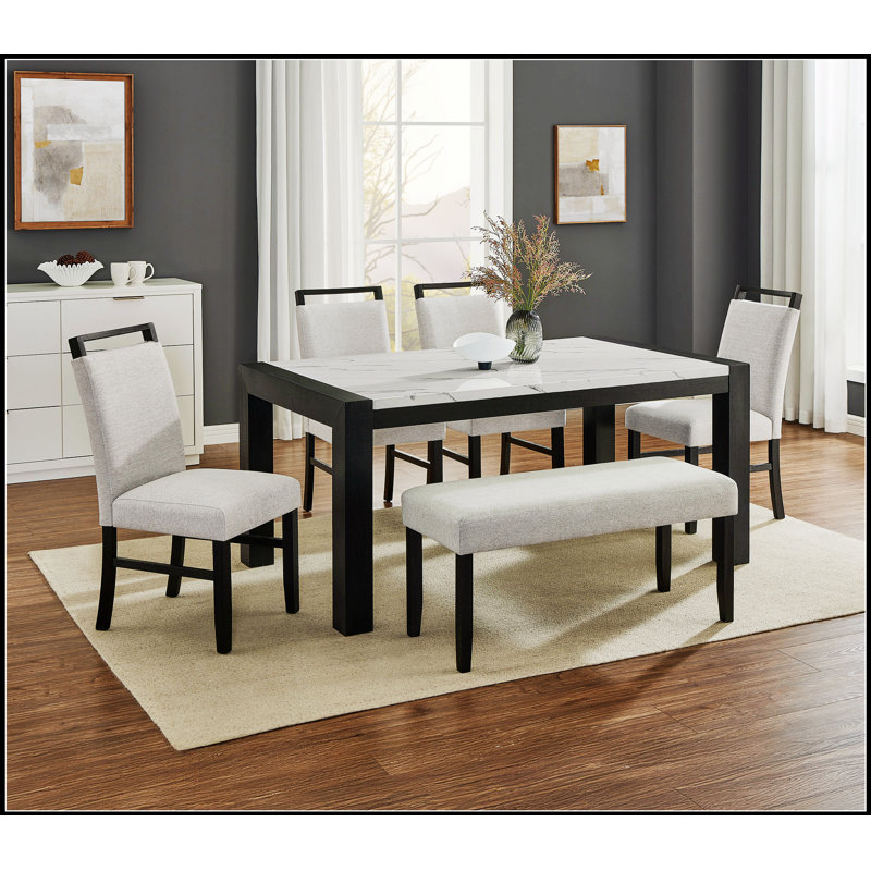 Table de salle à manger 1pc en faux marbre blanc avec placage en bois massif, hauteur standard, design contemporain, pieds à finition noire