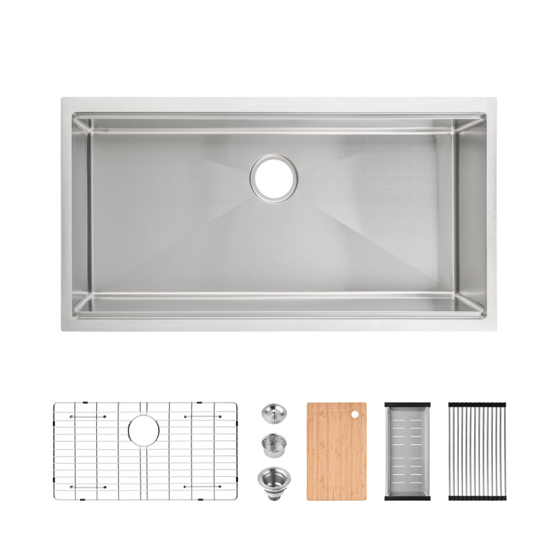 Évier de cuisine encastré à une cuve de 91 x 48 cm (36 x 19 pouces) en acier inoxydable brossé avec accessoires