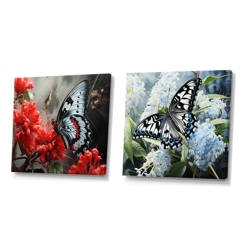 «Pink Black Butterfly Haven», 2 pièces, H 16 po x l 33 po, Toile tendue
