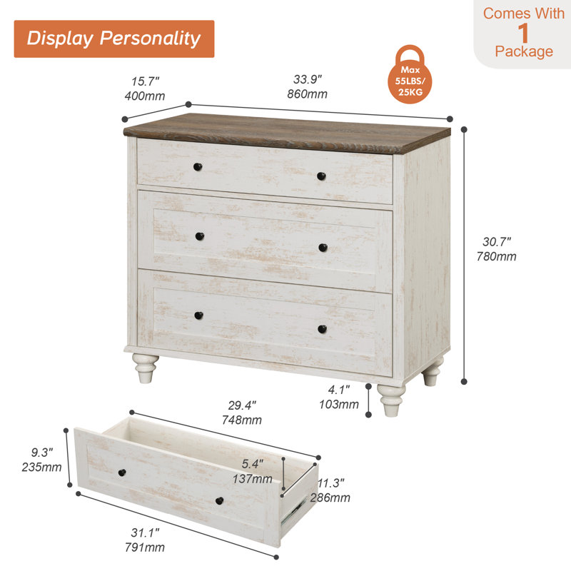 Scarlett Dresser TV Stand For Bedroom, Mid Century Modern TV Console Table Dressers With 3 Chest Of Drawers, Rustic White