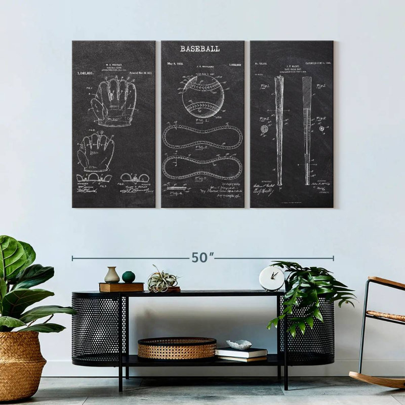 Ensemble de 3 pièces de brevet de baseball sur toile, H 32 po x l 50 po x P 1,25 po
