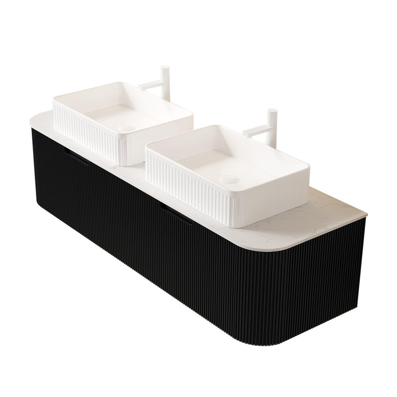 Meuble-lavabo de salle de bain 60 po avec lavabo, armoire de rangement murale rayée à bords arrondis avec 2 tiroirs, 2 lavabos rectangulaires blancs en céramique, sans robinet, pré-assemblé