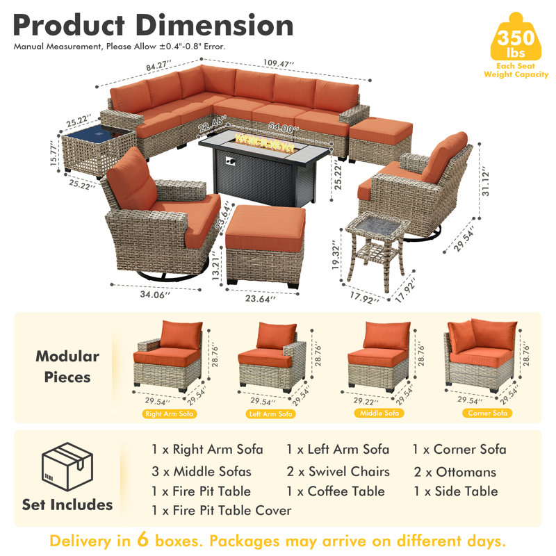 Tommy 10 - Person Outdoor Wicker Patio Conversation Furniture Set With Rocking Swivel Chairs And Fire Pit Table, Red Orange