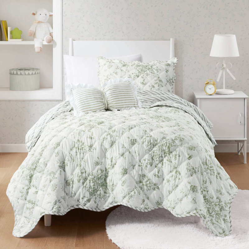 Ensemble de couette réversible à volants en microfibre 3 pièces, vert, pour lit simple/simple XL