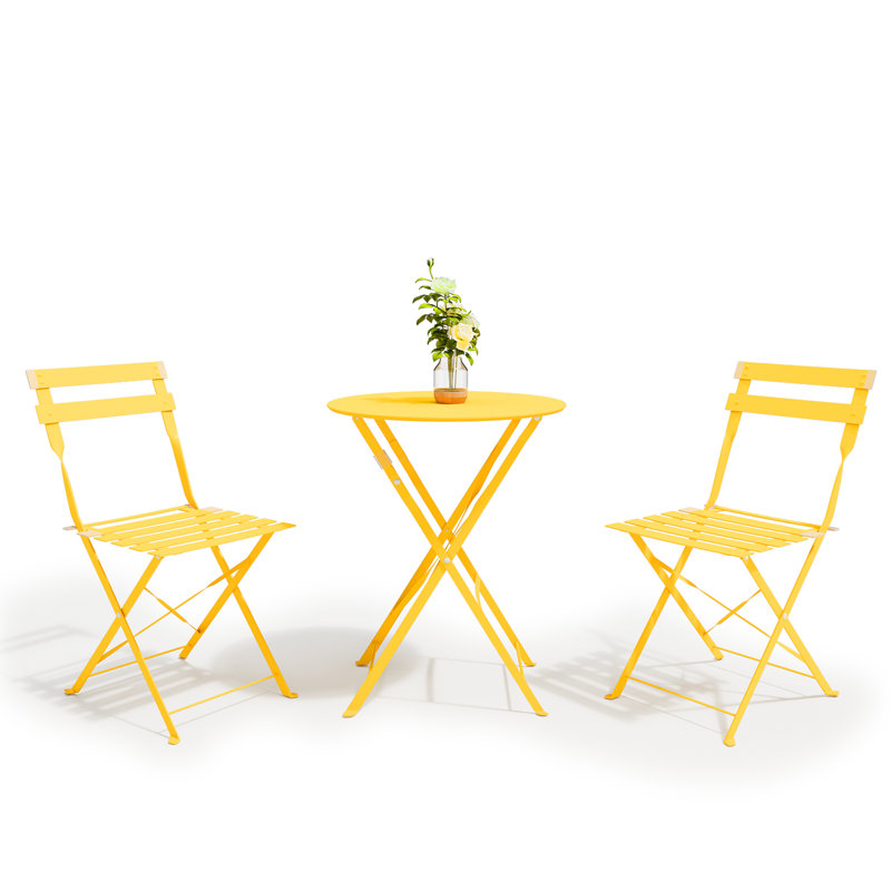 3-Piece Wrought Iron Bistro Set – Folding Cafe Table with 2 Chairs – Anti-Rust, Waterproof Design – Perfect for Small Spaces Indoors and Outdoors, Porch, Lawn, or Balcony, Yellow