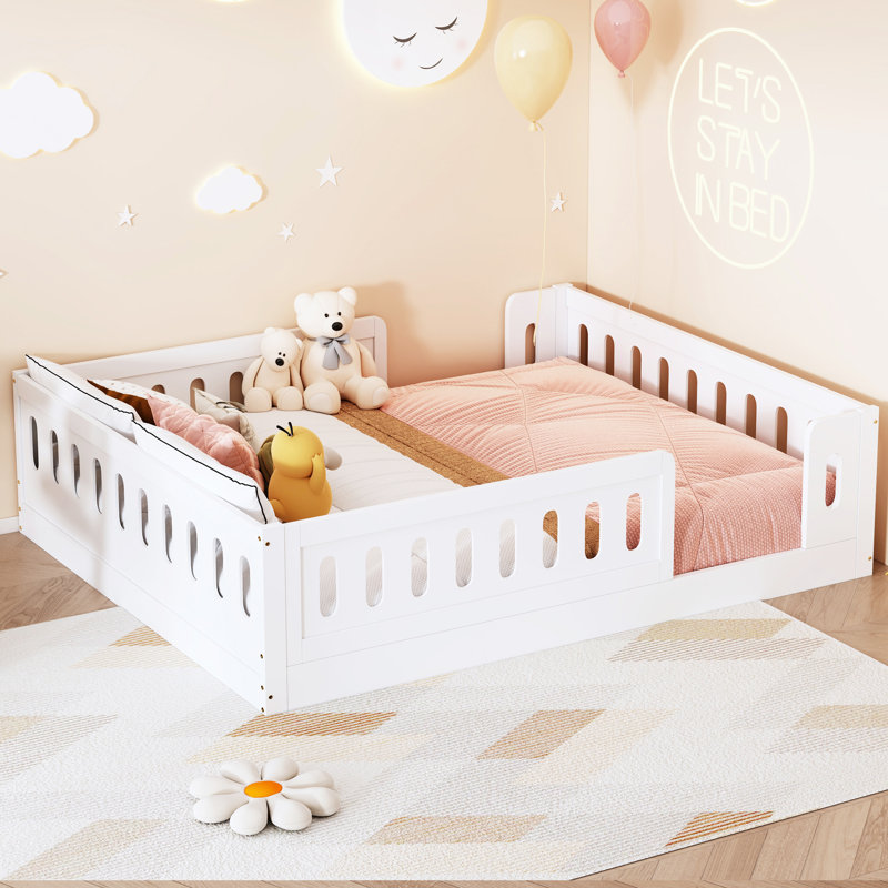 Lit plateforme double blanc avec garde-corps, lit en bois massif et panneau de fibres à densité moyenne pour enfants, Blanc