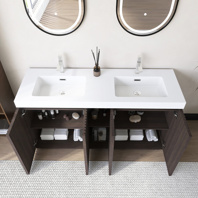 Meuble-lavabo autoportant 60 po avec lavabo intégré, Blanc brillant