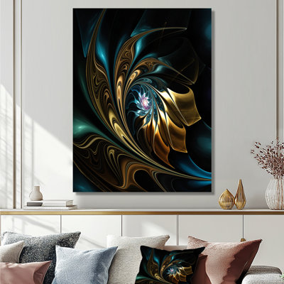 Modern Golden black Flower - Fractal flower wall art, Black flower print