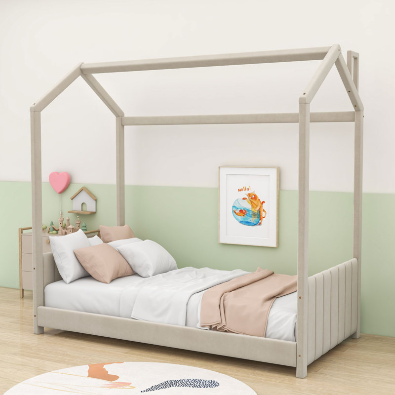Upholstered House Bed With Roof Design, Beige, Twin