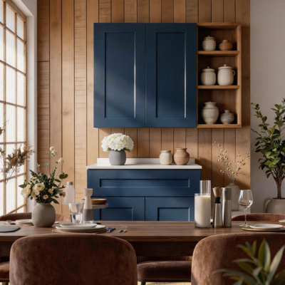 Armoire murale 33 po en bois massif bleu marine avec 3 tablettes réglables prêtes à assembler pour la cuisine, la salle de bain, la buanderie et le garage