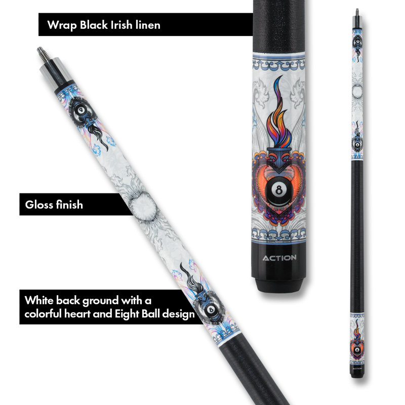 21oz White and Black Maple Wood Pool Cue with Colorful Heart Design