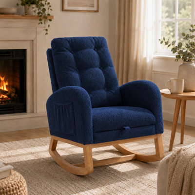 Indoor Teddy Upholstered Rocking Chair With Pull-out Footrest And Side Pocket