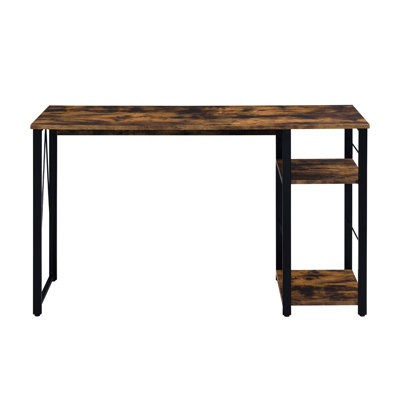 Bureau d'écriture rectangulaire avec 2 tablettes à niveaux, structure en métal noir de couleur chêne vieilli, hauteur de 28 po, zone de travail productif dans la base, espace pour les jambes de 34 po, travail agréable