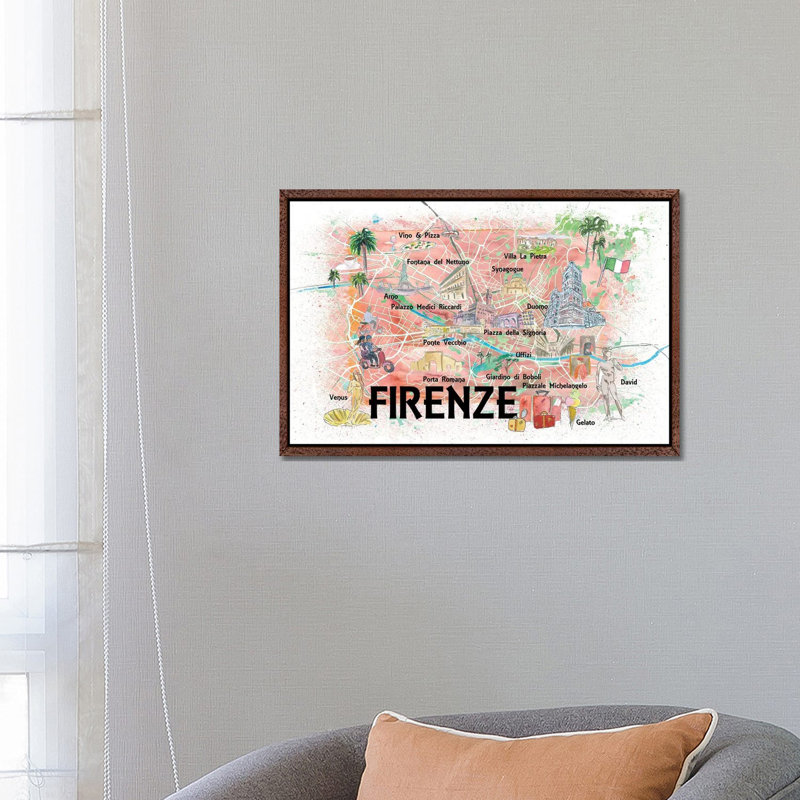 Florence Italy Illustrated Map With Roads Landmarks And Highlights by Markus & Martina Bleichner - Print on Canvas