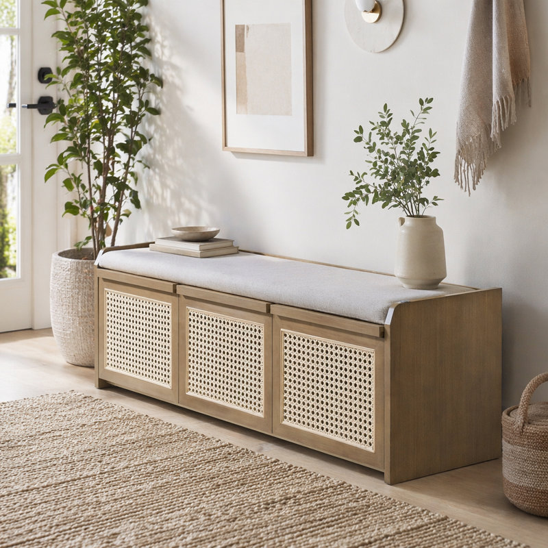Banc de rangement pour chaussures de 48 po, banc de rangement rétro avec tiroirs en rotin et coussin amovible rembourré à boutons