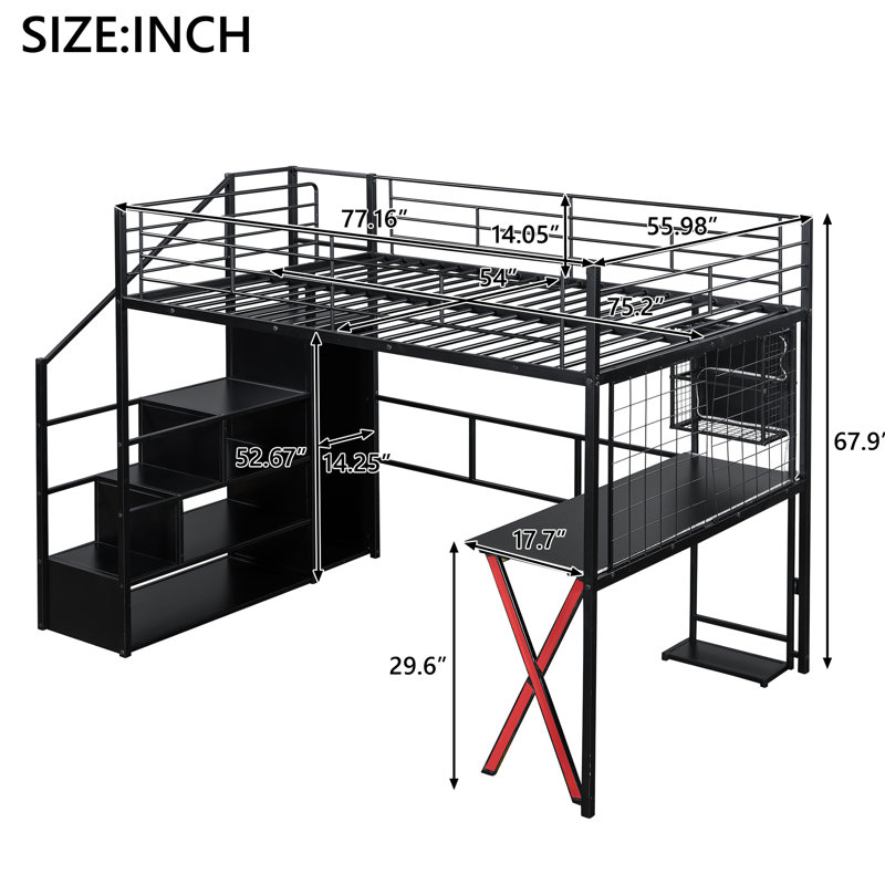 Lit mezzanine double en métal noir avec poste de travail intégré, garde-robe de rangement et escalier sécuritaire