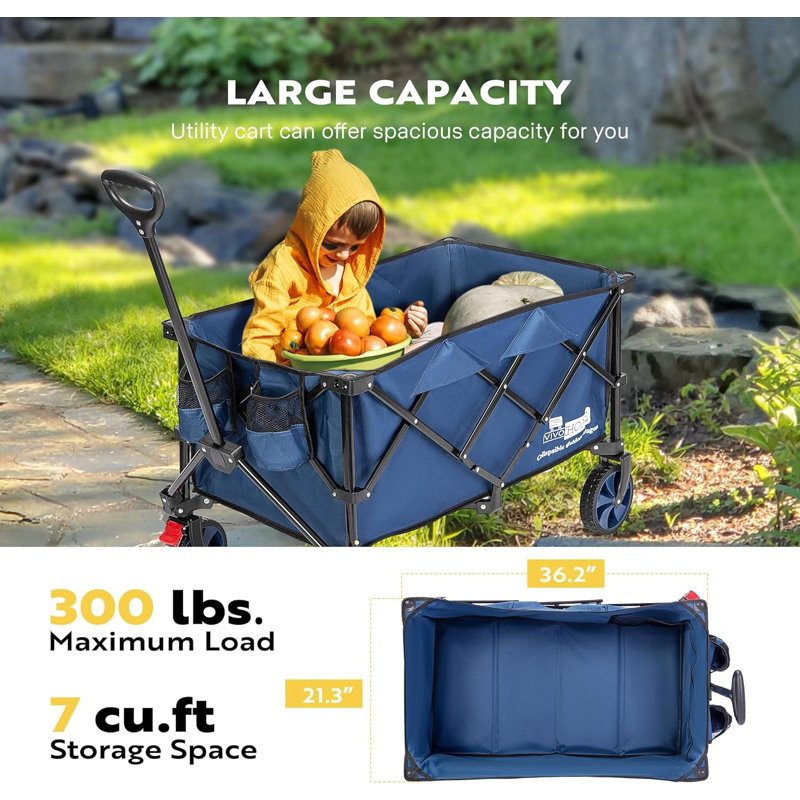 Collapsible Garden Cart with Adjustable Handle and Cup Holder, Blue