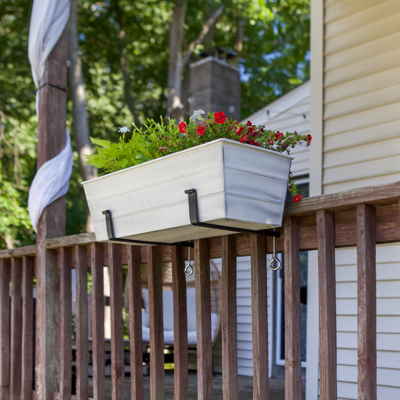 Medium White Galvanized Steel Flower Box with Black Brackets
