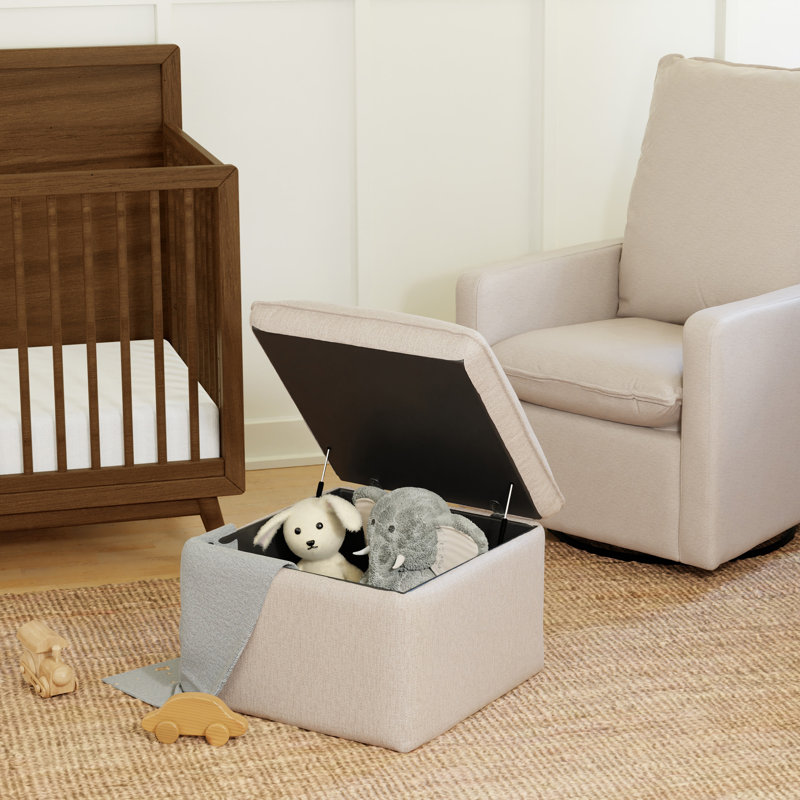 Beige Performance Fabric Square Storage Ottoman with USB Port