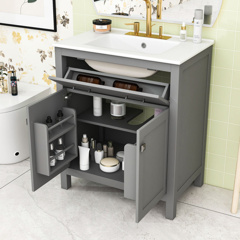 Meuble-lavabo simple autoportant en bois avec lavabo en céramique et rangement polyvalent Mathena, Gris