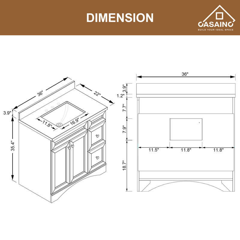 36 po X P 22 po P 35,4 po Meuble-lavabo simple H gris avec plateau et lavabo blancs, Gris
