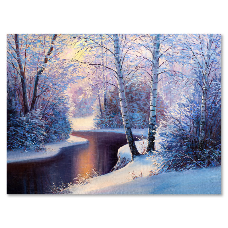 Forêt de Noël avec rivière et arbres I - peinture sur toile, H 30 po x l 40 po x 1,5 po, Toile tendue