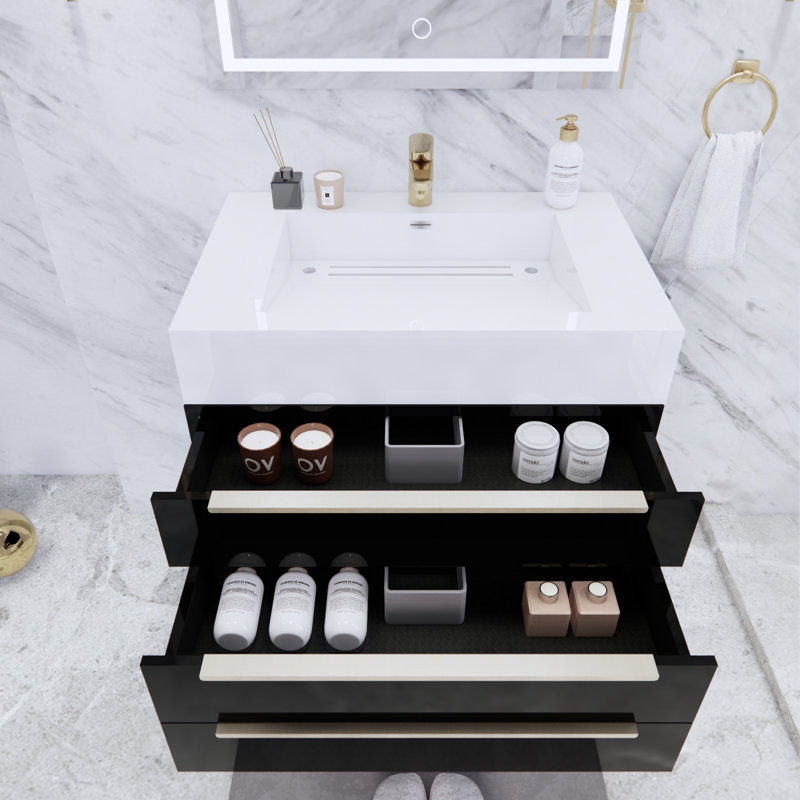 Glasgow 29.5'' Single Bathroom Vanity with Acrylic Top, High Gloss Black, Glossy White