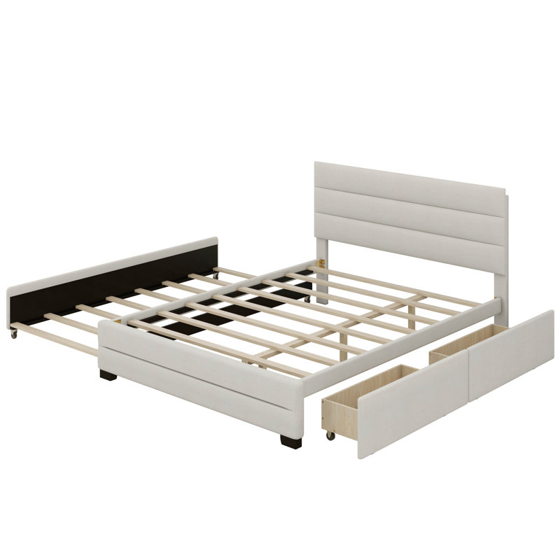 Apogeeville Queen Upholstered Platform Bed with Trundle and Drawers, Beige