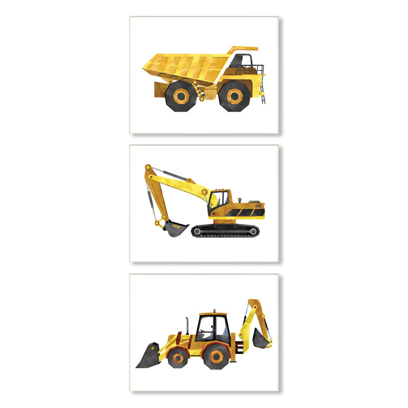 "Construction and DemOLion Camions" jaune par Ziwei Li - ensemble de 3 impressions, Plaque murale, H 15 po x l 10 po
