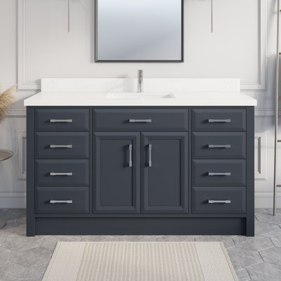 Capri Solid Wood 60" W x 22" D Single Sink Bathroom Vanity with Engineered Stone Top, Drawer Organizer, Undermount Ceramic Sink, Pre-Assembled (Pepper Gray) 