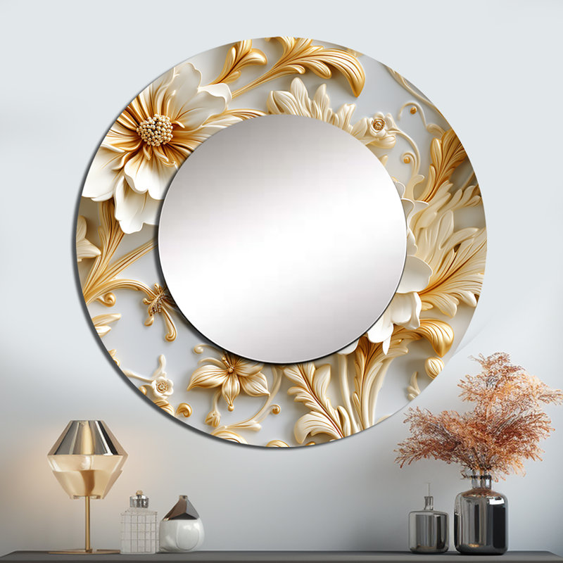 Gold And White  Royal Flower Garden Serenity - damask  Mirror, Gold Round Unique Wall Mirror, Printed Metal Art, 36" x 36"