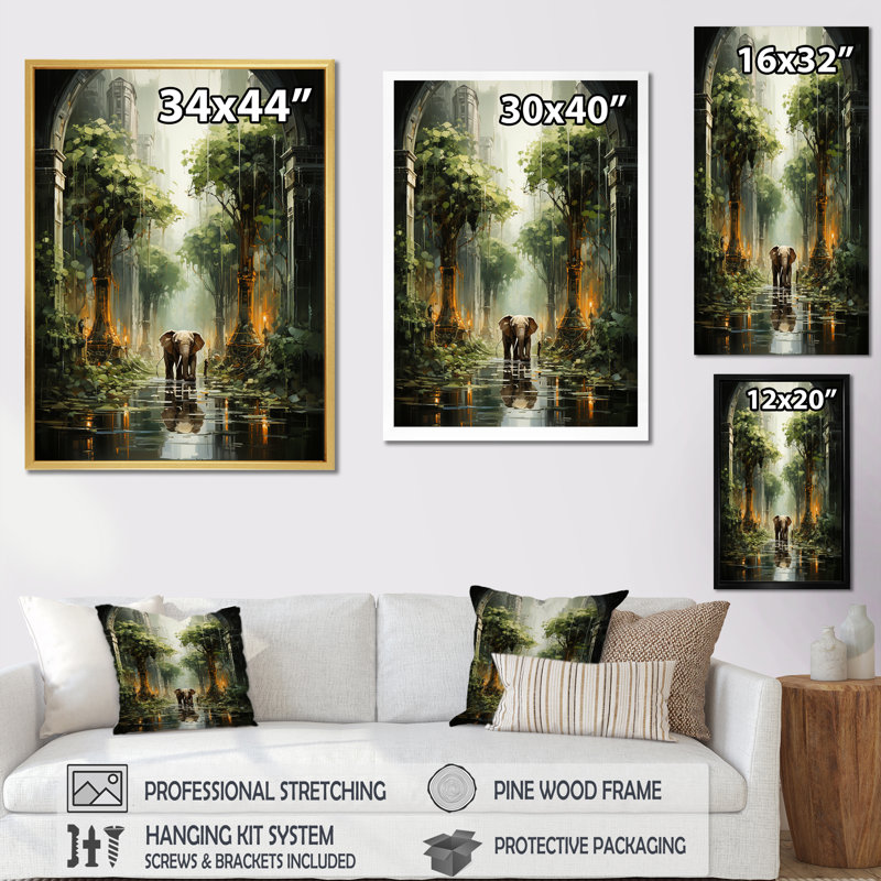 «Elephant Gentle Giants Of Temple», reproduction sur toile, Cadre flottant blanc, H 44 po x l 34 po x P 1,5 po