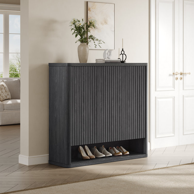 Cesiro 3 - Door Fluted Shoe Cabinet With Adjustable Shelves And Open - Bottom Access, Dark Gray Alder