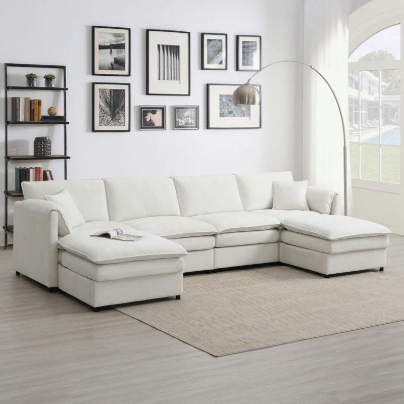 Canapé-lit à 6 places avec repose-pieds, meubles d'intérieur surdimensionnés pour le salon, Chenille crème