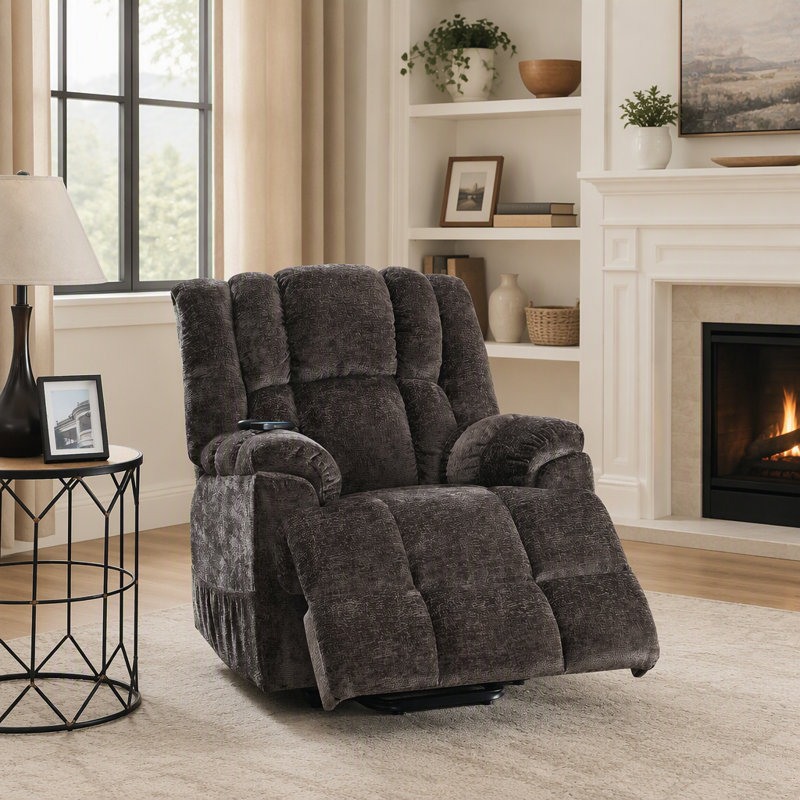 Fauteuil inclinable électrique Pacay Brown Chenille avec fonction de levage, chauffage et massage pour un confort et un soutien ultimes
