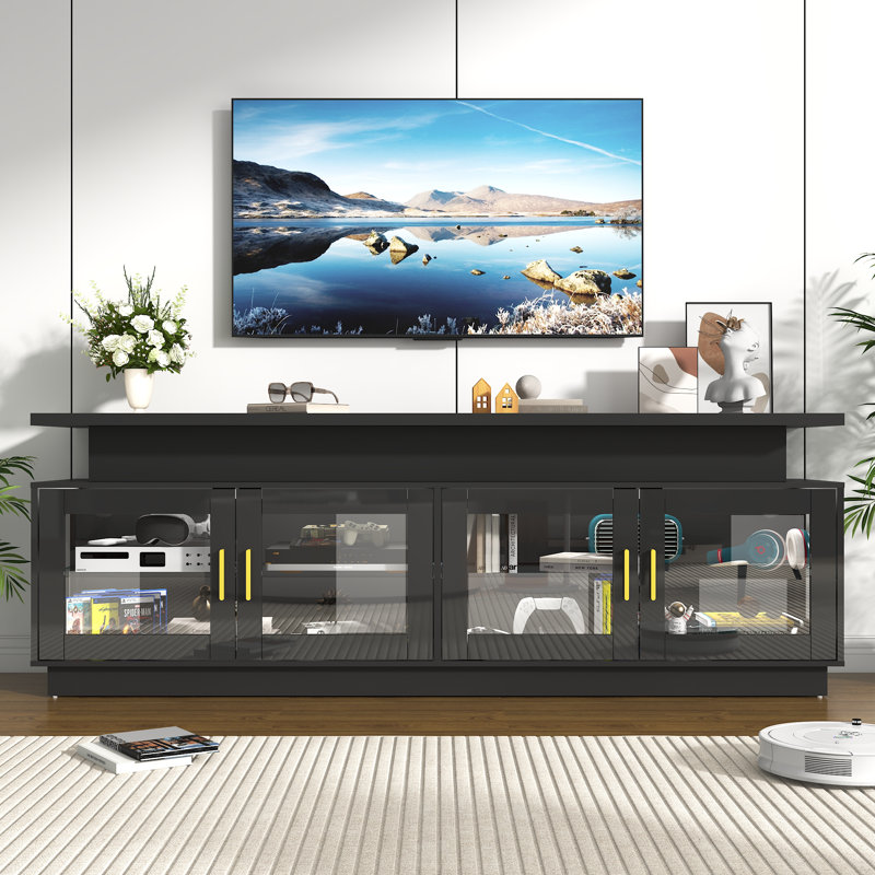 71" High Gloss TV Stand with Power Outlet and LED Light for TVs up to 80", Black