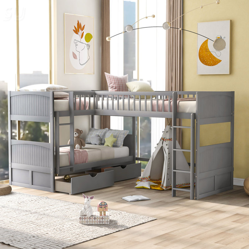 Lit simple superposé avec lit mezzanine attaché et deux tiroirs, Grey