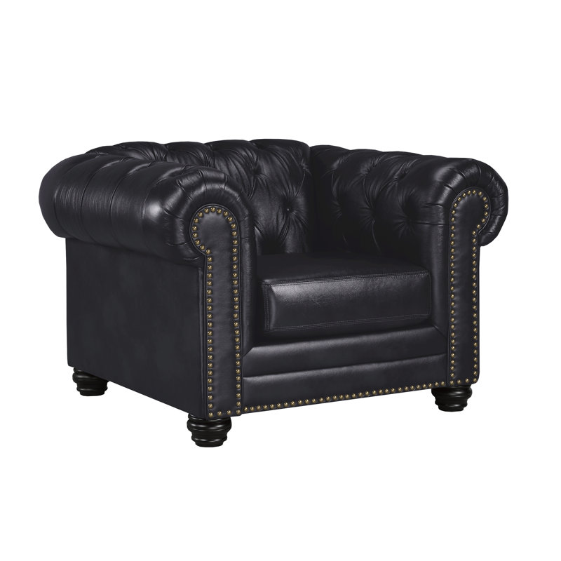  Fauteuil Chesterfield en cuir à accoudoirs roulés 48 po Ornellas, Cuir véritable noir